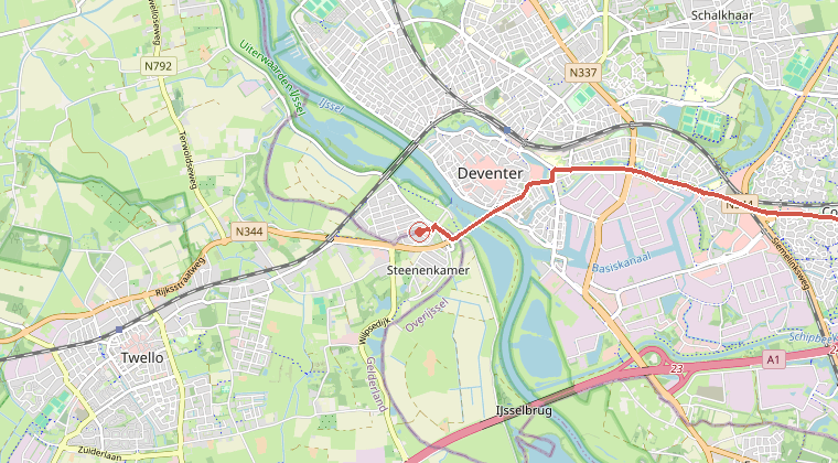 Kaart van de omgeving van de melding, met de kazerne die is gealarmeerd