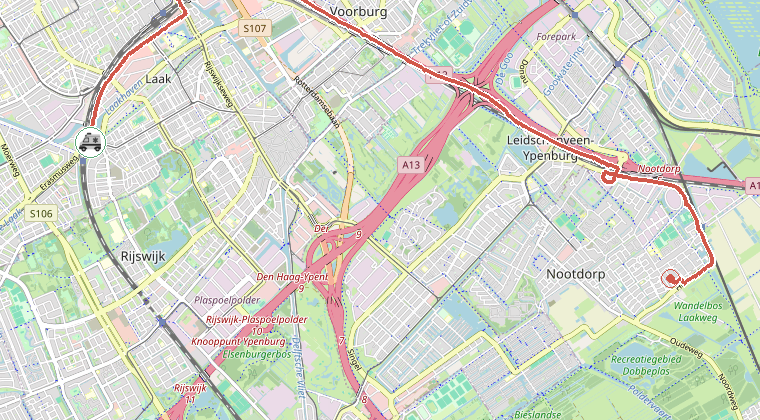 Kaart van de omgeving van de melding, met de kazerne die is gealarmeerd