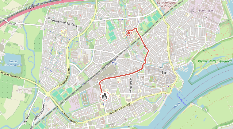 Kaart van de omgeving van de melding, met de kazerne die is gealarmeerd