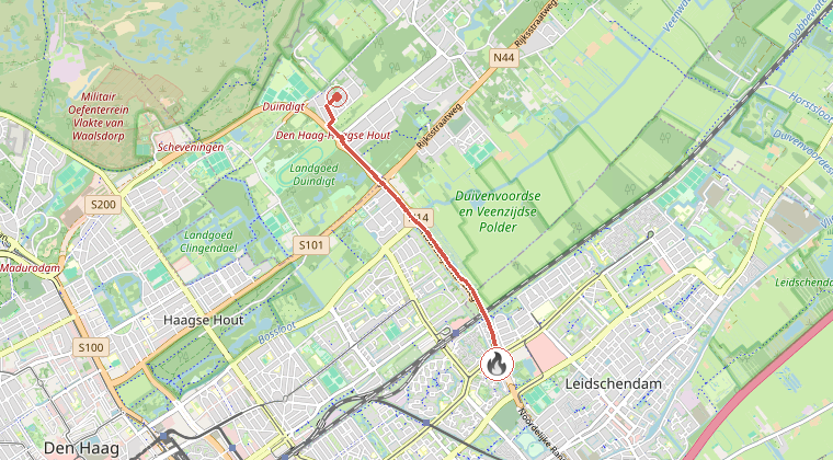 Kaart van de omgeving van de melding, met de kazerne die is gealarmeerd