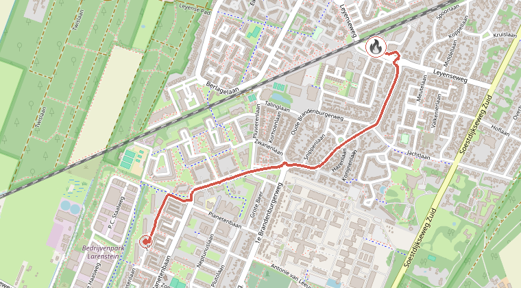 Kaart van de omgeving van de melding, met de kazerne die is gealarmeerd