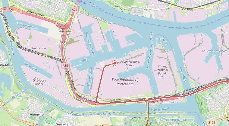 Kaart van de omgeving van de melding, met de kazerne die is gealarmeerd
