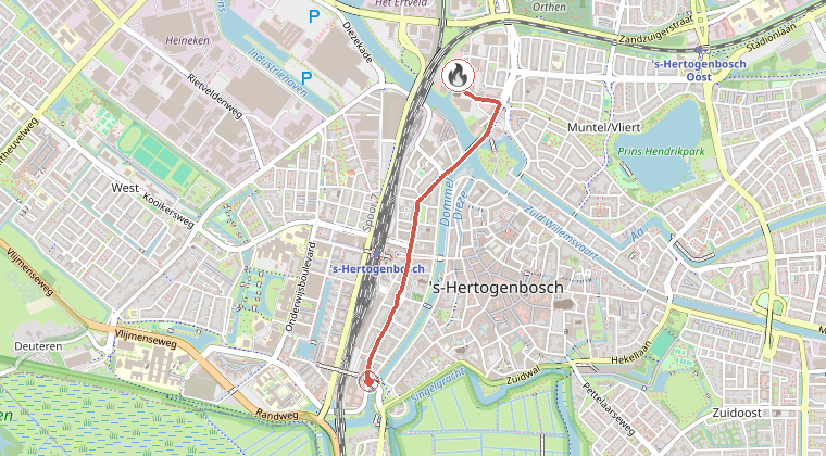 Kaart van de omgeving van de melding, met de kazerne die is gealarmeerd