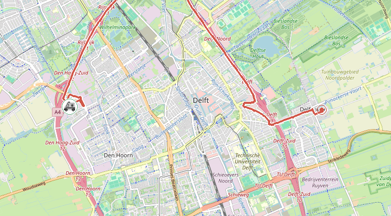 Kaart van de omgeving van de melding, met de kazerne die is gealarmeerd