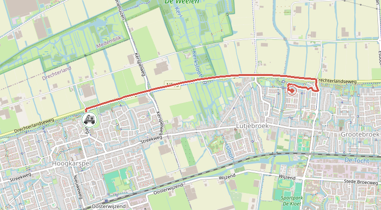 Kaart van de omgeving van de melding, met de kazerne die is gealarmeerd
