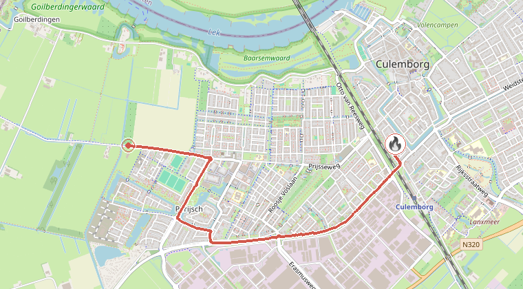 Kaart van de omgeving van de melding, met de kazerne die is gealarmeerd