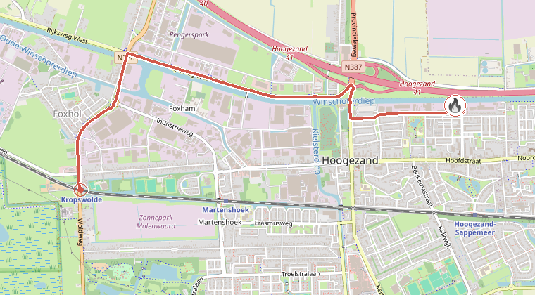 Kaart van de omgeving van de melding, met de kazerne die is gealarmeerd