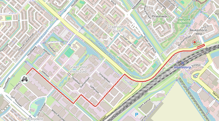 Kaart van de omgeving van de melding, met de kazerne die is gealarmeerd