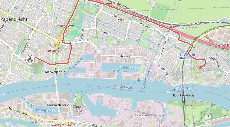 Kaart van de omgeving van de melding, met de kazerne die is gealarmeerd