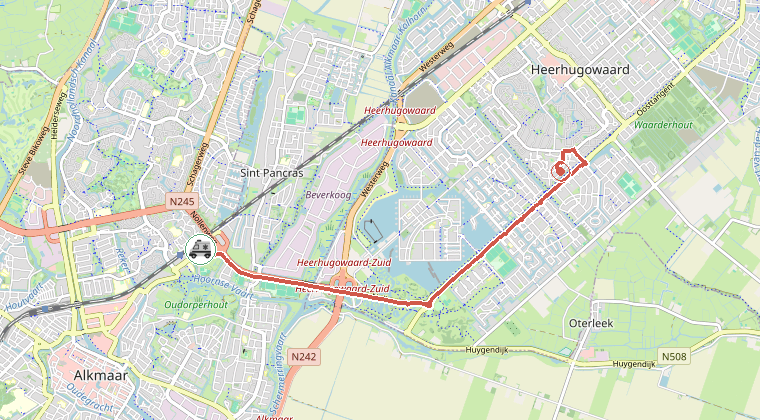 Kaart van de omgeving van de melding, met de kazerne die is gealarmeerd