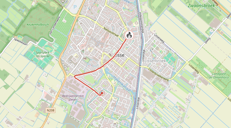Kaart van de omgeving van de melding, met de kazerne die is gealarmeerd