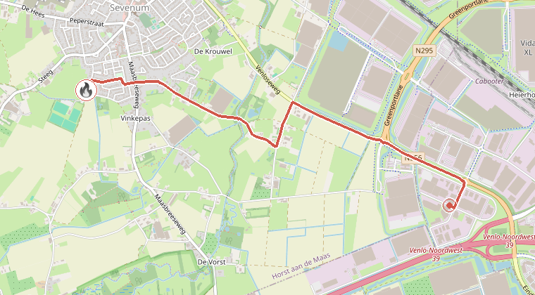 Kaart van de omgeving van de melding, met de kazerne die is gealarmeerd