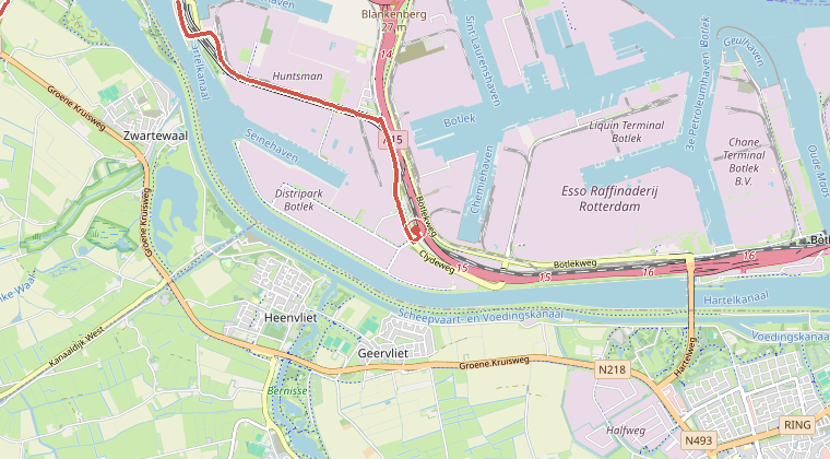 Kaart van de omgeving van de melding, met de kazerne die is gealarmeerd