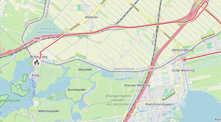 Kaart van de omgeving van de melding, met de kazerne die is gealarmeerd