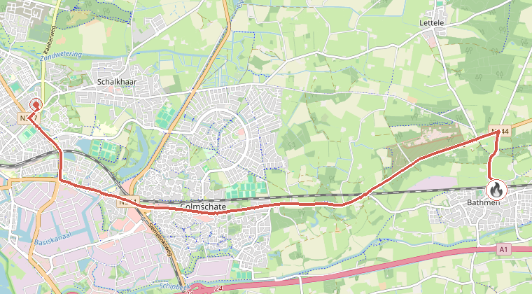 Kaart van de omgeving van de melding, met de kazerne die is gealarmeerd