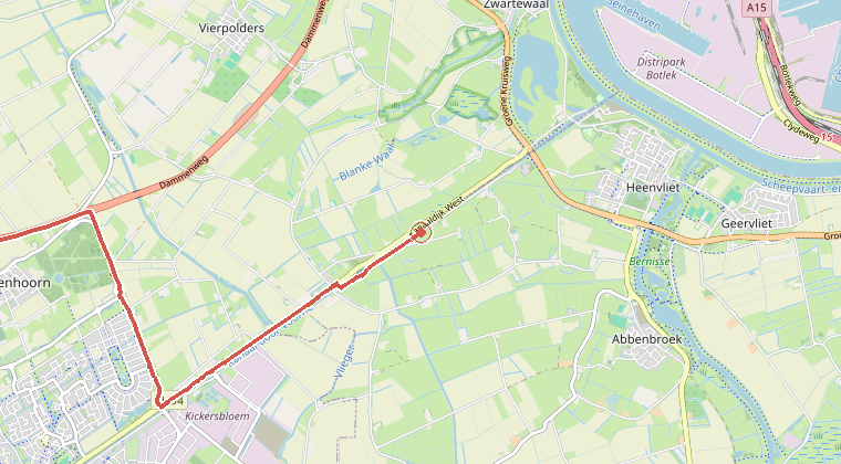 Kaart van de omgeving van de melding, met de kazerne die is gealarmeerd
