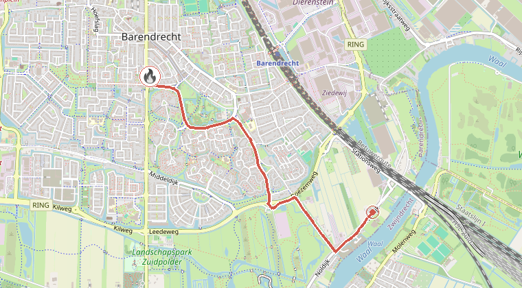 Kaart van de omgeving van de melding, met de kazerne die is gealarmeerd