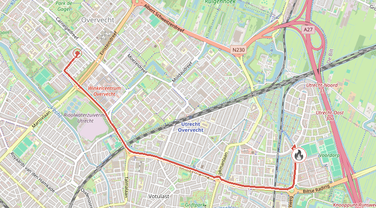 Kaart van de omgeving van de melding, met de kazerne die is gealarmeerd