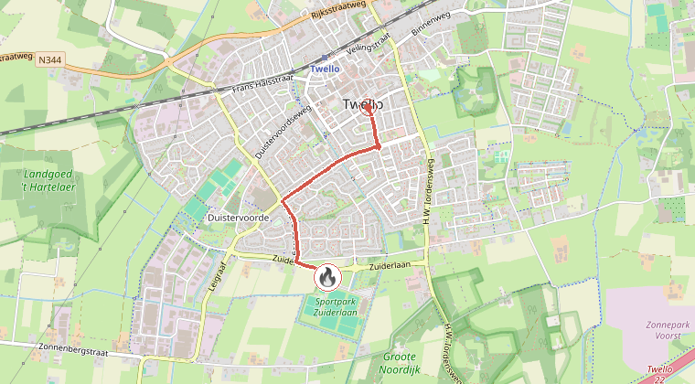 Kaart van de omgeving van de melding, met de kazerne die is gealarmeerd