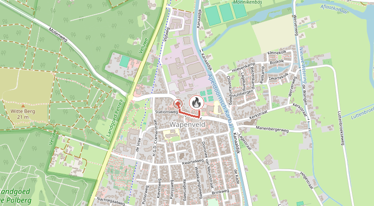 Kaart van de omgeving van de melding, met de kazerne die is gealarmeerd
