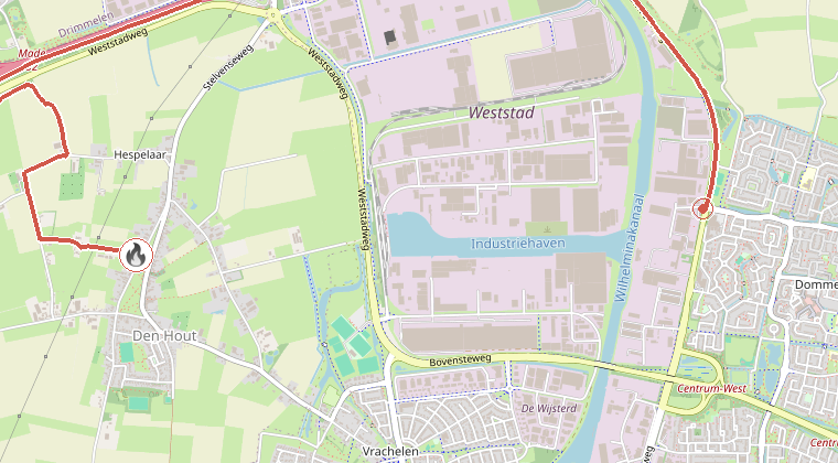 Kaart van de omgeving van de melding, met de kazerne die is gealarmeerd