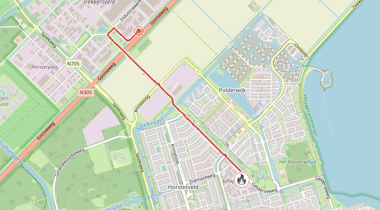 Kaart van de omgeving van de melding, met de kazerne die is gealarmeerd