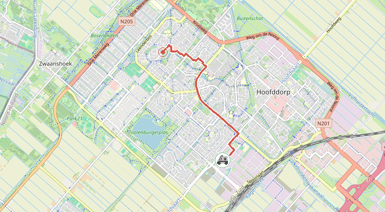 Kaart van de omgeving van de melding, met de kazerne die is gealarmeerd