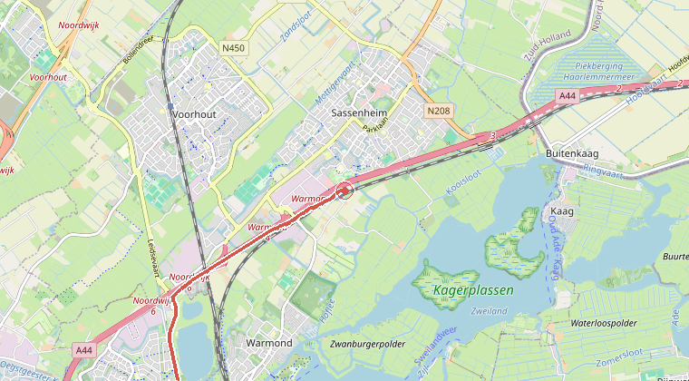 Kaart van de omgeving van de melding, met de kazerne die is gealarmeerd