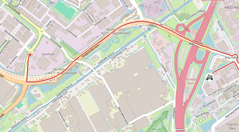 Kaart van de omgeving van de melding, met de kazerne die is gealarmeerd