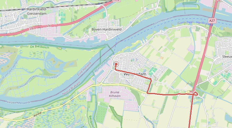 Kaart van de omgeving van de melding, met de kazerne die is gealarmeerd