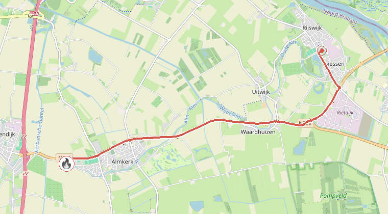 Kaart van de omgeving van de melding, met de kazerne die is gealarmeerd