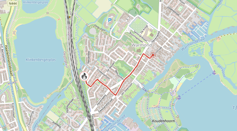 Kaart van de omgeving van de melding, met de kazerne die is gealarmeerd
