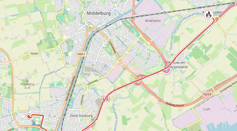 Kaart van de omgeving van de melding, met de kazerne die is gealarmeerd