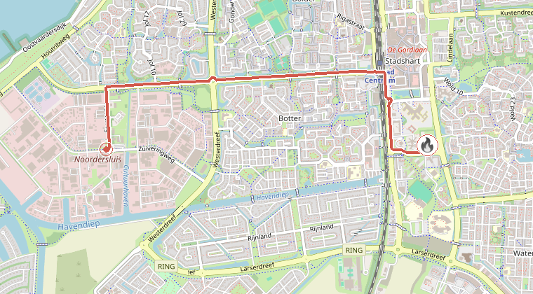 Kaart van de omgeving van de melding, met de kazerne die is gealarmeerd