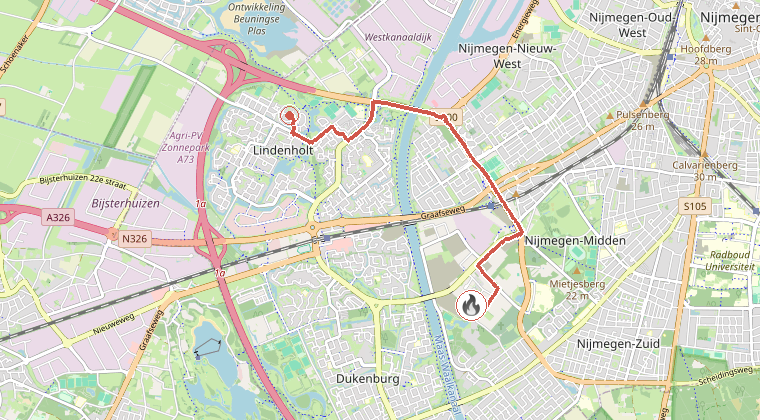 Kaart van de omgeving van de melding, met de kazerne die is gealarmeerd