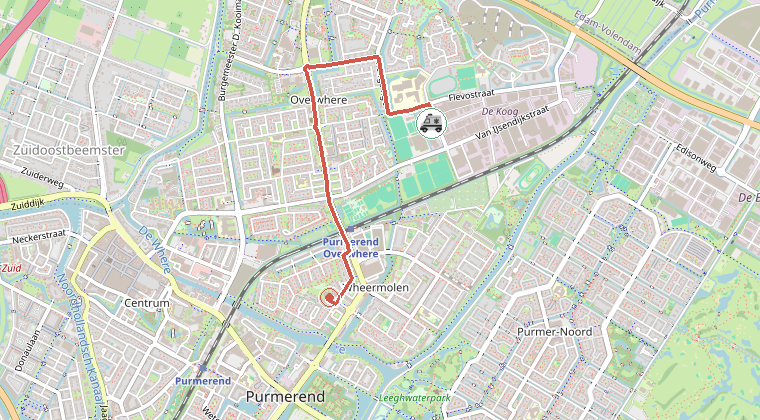 Kaart van de omgeving van de melding, met de kazerne die is gealarmeerd