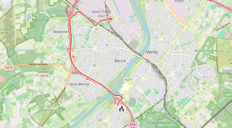 Kaart van de omgeving van de melding, met de kazerne die is gealarmeerd
