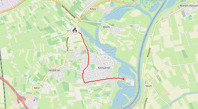 Kaart van de omgeving van de melding, met de kazerne die is gealarmeerd