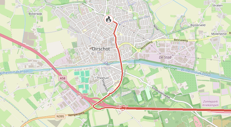 Kaart van de omgeving van de melding, met de kazerne die is gealarmeerd