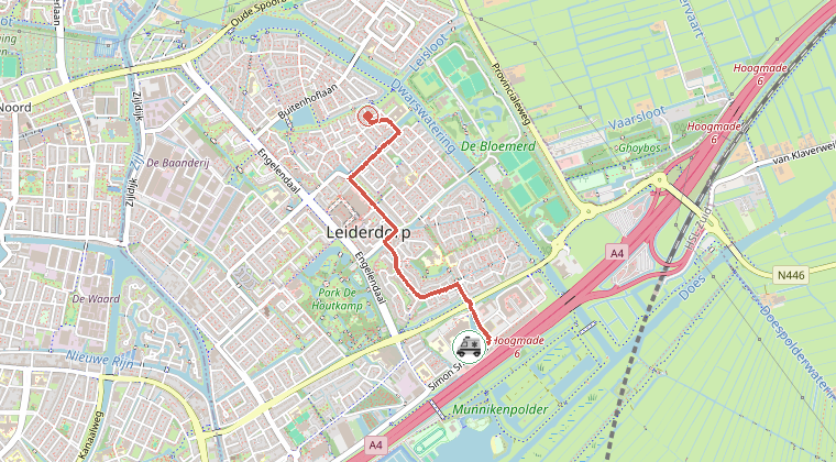 Kaart van de omgeving van de melding, met de kazerne die is gealarmeerd