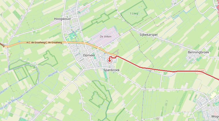 Kaart van de omgeving van de melding, met de kazerne die is gealarmeerd
