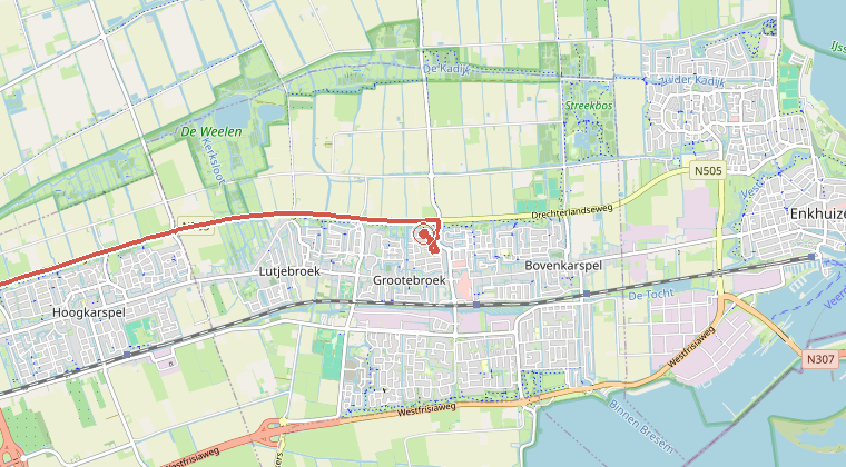 Kaart van de omgeving van de melding, met de kazerne die is gealarmeerd