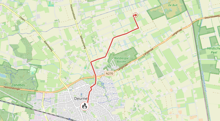 Kaart van de omgeving van de melding, met de kazerne die is gealarmeerd