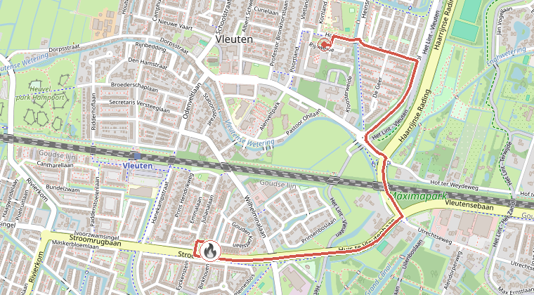 Kaart van de omgeving van de melding, met de kazerne die is gealarmeerd