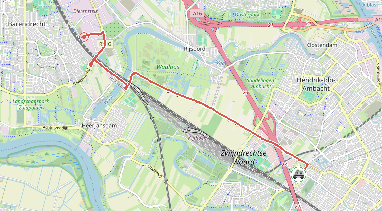 Kaart van de omgeving van de melding, met de kazerne die is gealarmeerd