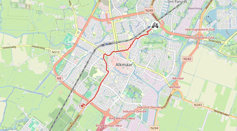 Kaart van de omgeving van de melding, met de kazerne die is gealarmeerd