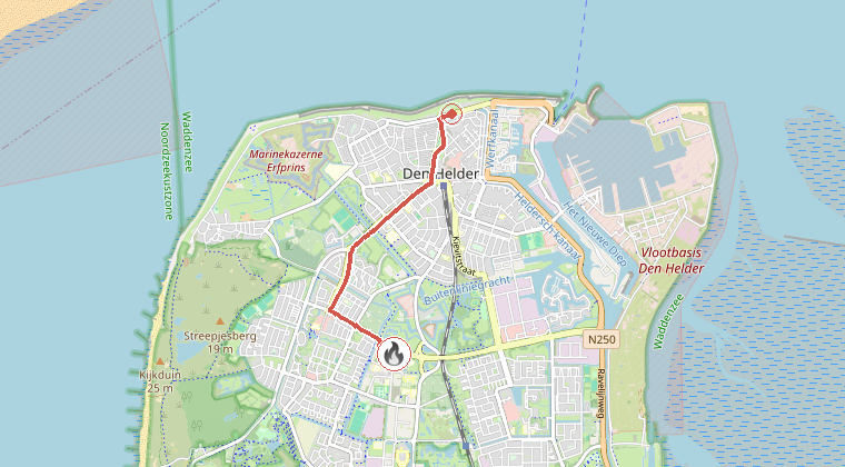 Kaart van de omgeving van de melding, met de kazerne die is gealarmeerd