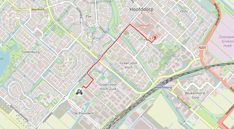 Kaart van de omgeving van de melding, met de kazerne die is gealarmeerd