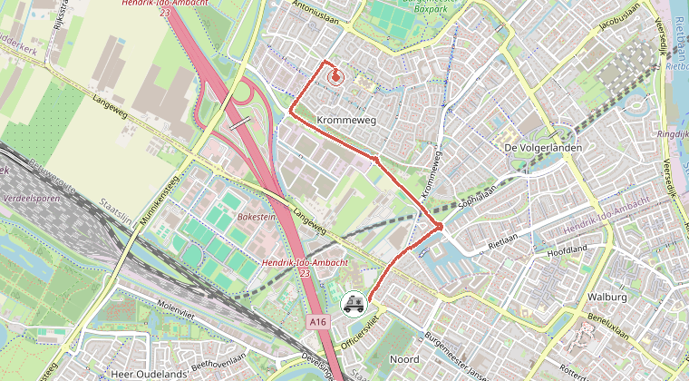 Kaart van de omgeving van de melding, met de kazerne die is gealarmeerd