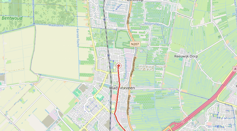 Kaart van de omgeving van de melding, met de kazerne die is gealarmeerd
